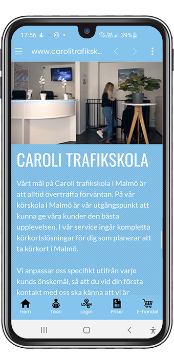 Caroli Trafikskolas app med genvägar till teori, inloggning och e-handel