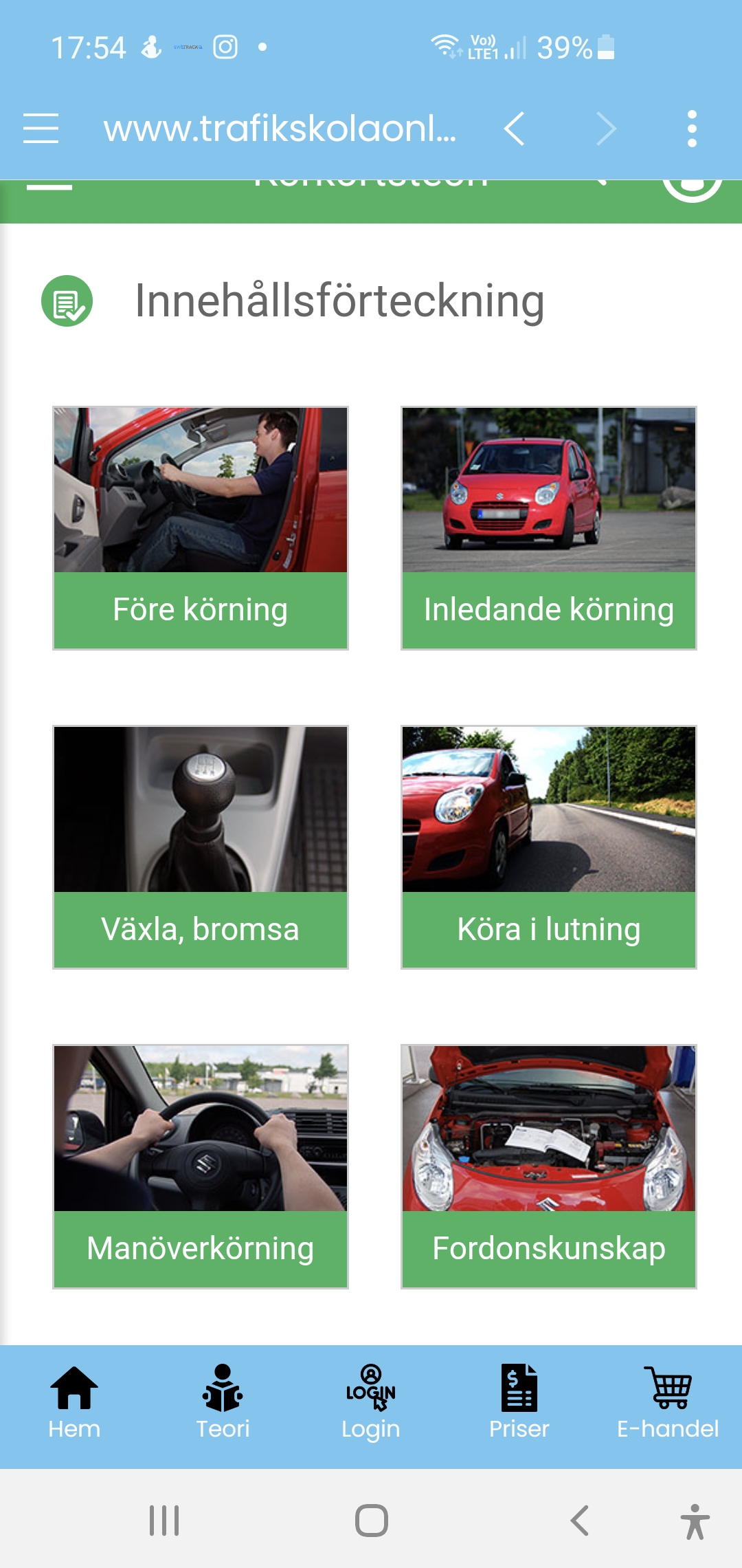 Teoriöversikten som visas på Caroli Trafikskolas befintliga appsida