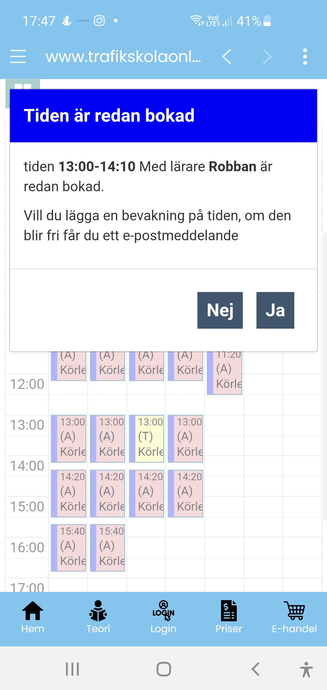 Appens vy för bevakning av körtider