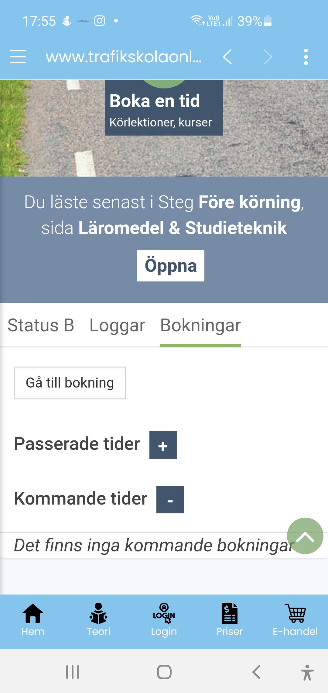 Översikt över bokade och tidigare körlektioner